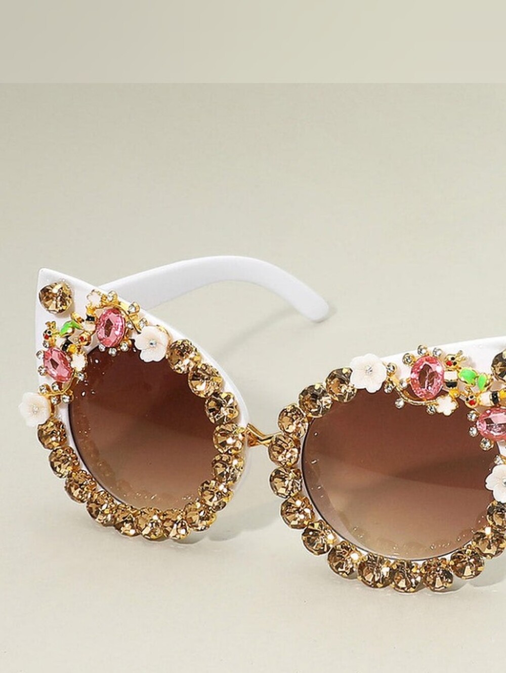 White Cat-Eye Crystal Embellished Sunglasses